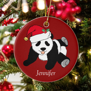 Panda Bear Kids Monogram Red Cute Custom Christmas Ceramic Ornament