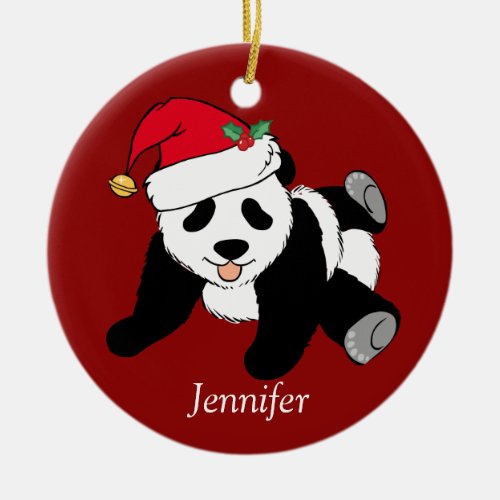 Panda Bear Kids Monogram Red Cute Custom Christmas Ceramic Ornament