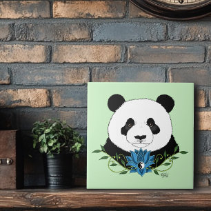 Panda Bear Lotus Flower Blue Ceramic Tile