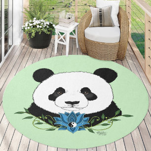 Panda Bear Lotus Flower Blue Outdoor Rug