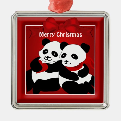 Panda Bear Love Couple Christmas Metal Ornament