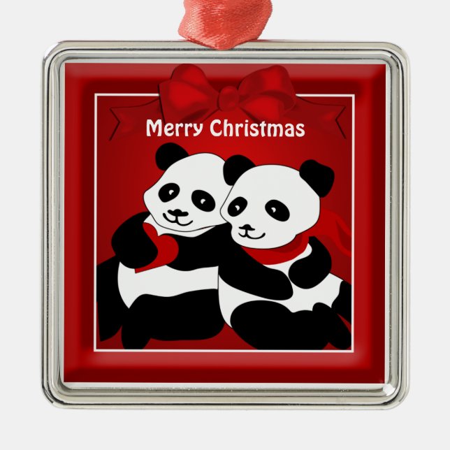 Panda Bear Love Couple Christmas Metal Ornament (Front)