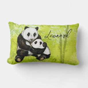 Panda bear mom with baby - hand-painted Pillow