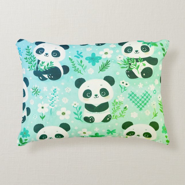 Panda Bear Pattern Green Print Accent Pillow (Front)