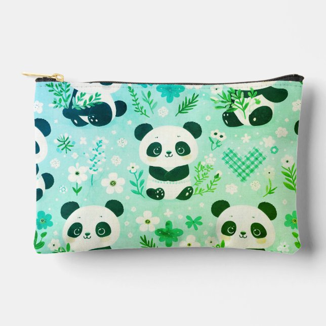 Panda Bear Pattern Green Print Accessory Pouch (Front)