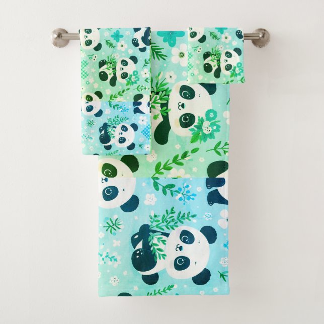 Panda Bear Pattern Green Print Bath Towel Set (Insitu)