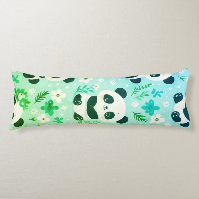 Panda Bear Pattern Green Print Body Pillow (Front)