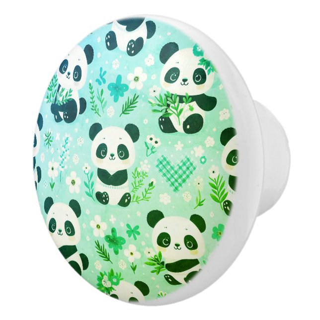 Panda Bear Pattern Green Print Ceramic Knob (Right)
