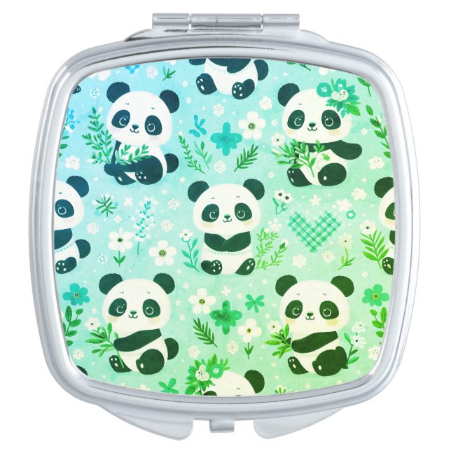 Panda Bear Pattern Green Print Compact Mirror (Front)