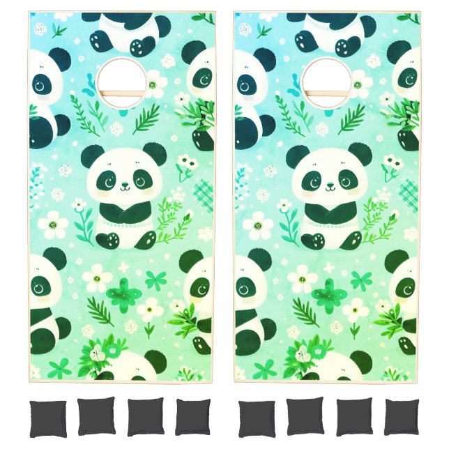 Panda Bear Pattern Green Print Cornhole Set (Set)