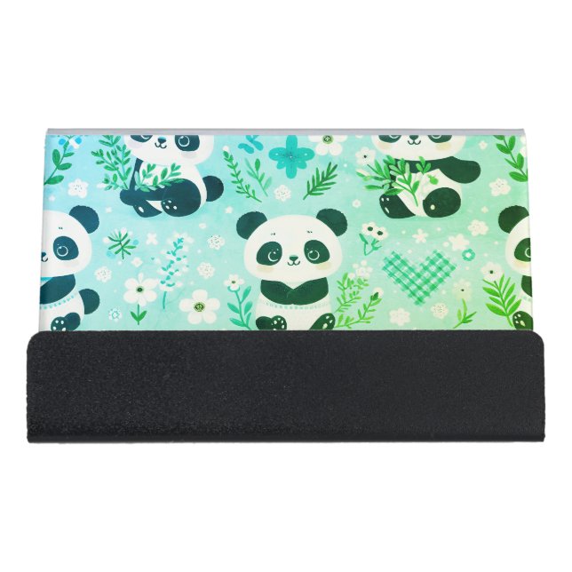 Panda Bear Pattern Green Print Desk Business Card Holder (Front)
