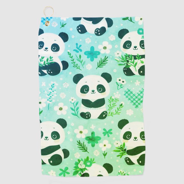 Panda Bear Pattern Green Print Golf Towel (Front)