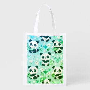 Panda Bear Pattern Green Print Grocery Bag