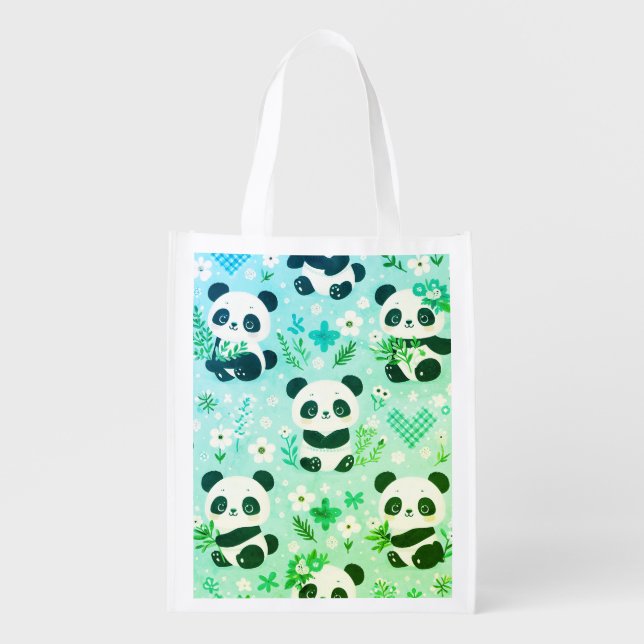 Panda Bear Pattern Green Print Grocery Bag (Front)