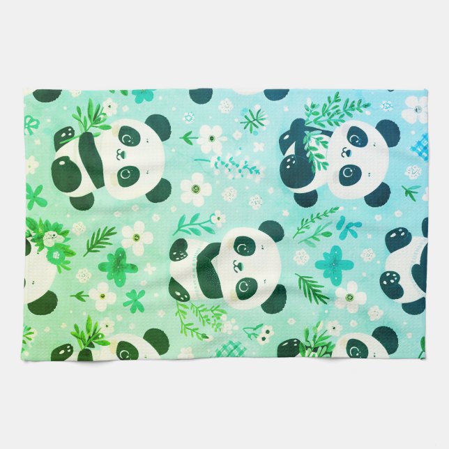 Panda Bear Pattern Green Print Kitchen Towel (Horizontal)