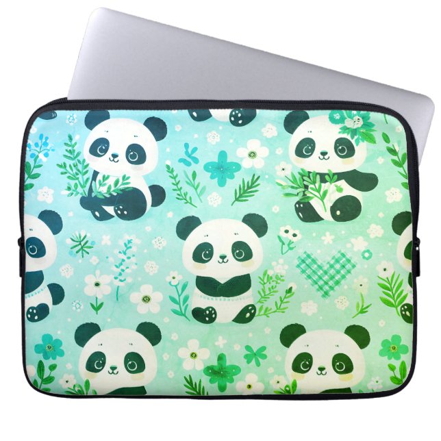 Panda Bear Pattern Green Print Laptop Sleeve (Front)