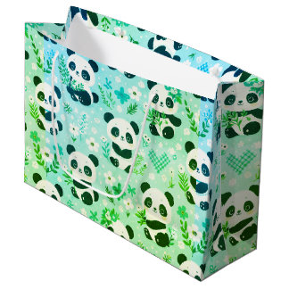Panda Bear Pattern Green Print Large Gift Bag