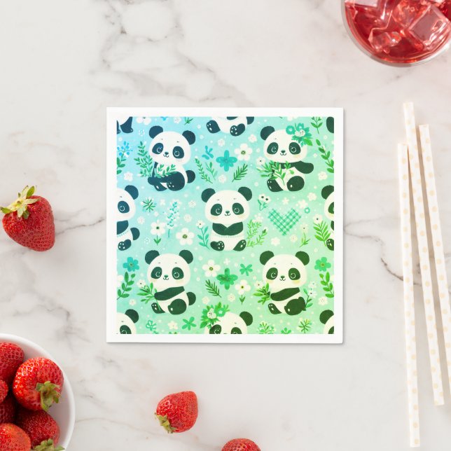 Panda Bear Pattern Green Print Napkins (Insitu)