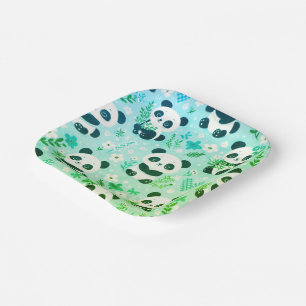 Panda Bear Pattern Green Print Paper Plates