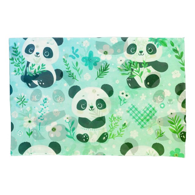 Panda Bear Pattern Green Print Pillow Case (Front)