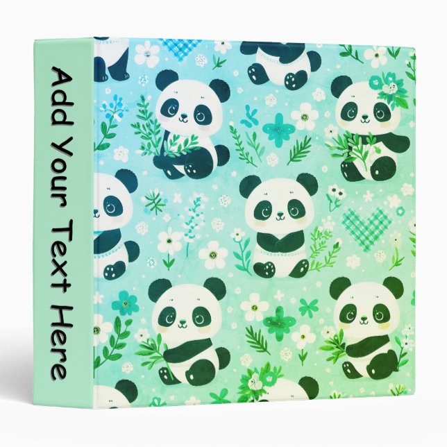 Panda Bear Pattern Green Print PPersonal 3 Ring Binder (Front/Spine)