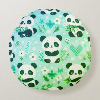 Panda Bear Pattern Green Print Round Pillow