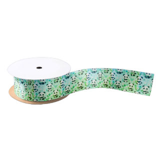 Panda Bear Pattern Green Print Satin Ribbon