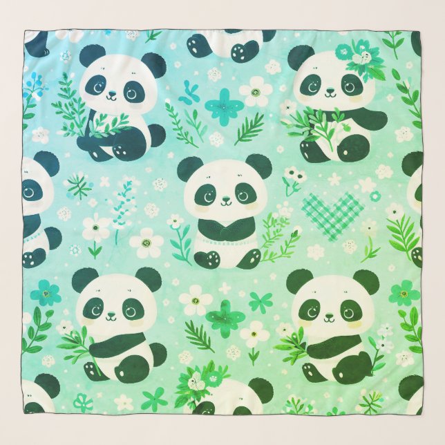 Panda Bear Pattern Green Print Scarf (Front)