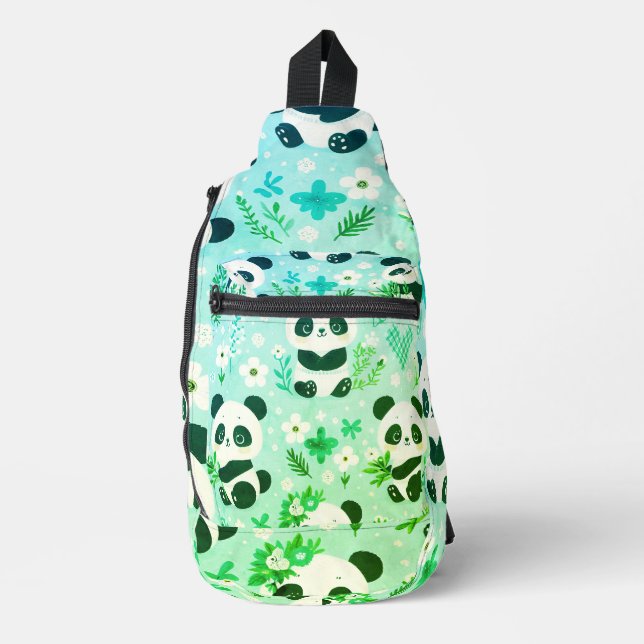 Panda Bear Pattern Green Print Sling Bag (Front)