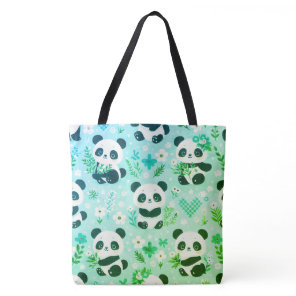 Panda Bear Pattern Green Print Tote Bag