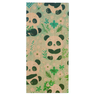 Panda Bear Pattern Green Print Wood Flash Drive