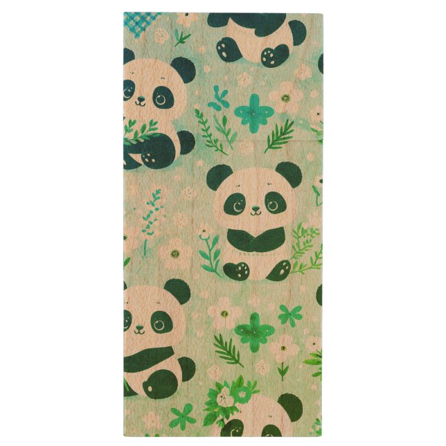 Panda Bear Pattern Green Print Wood Flash Drive (Back (Vertical))