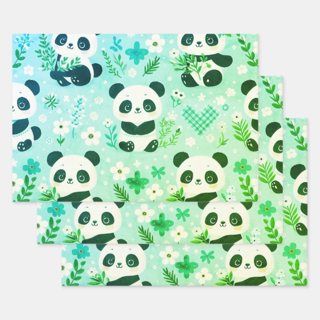 Panda Bear Pattern Green Print Wrapping Paper Sheets (Set)