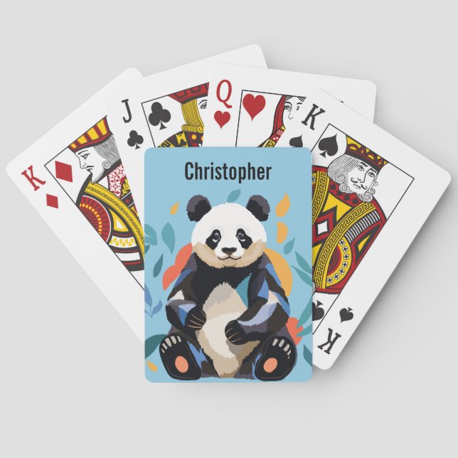 Panda Bear Personalized Name Blue Background Poker Cards (Back)