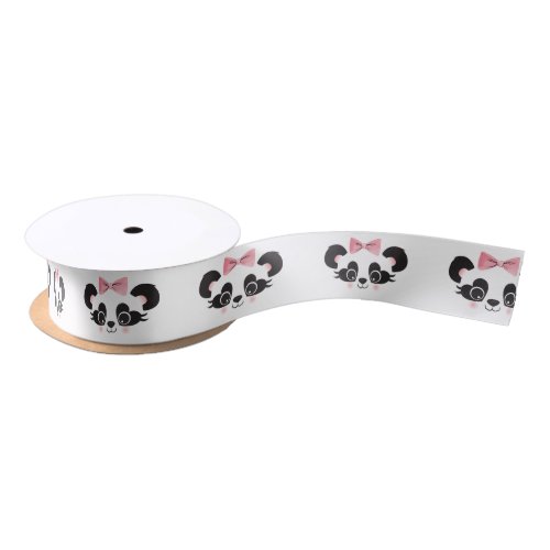 Panda Bear Pink Bow Pattern Satin Ribbon