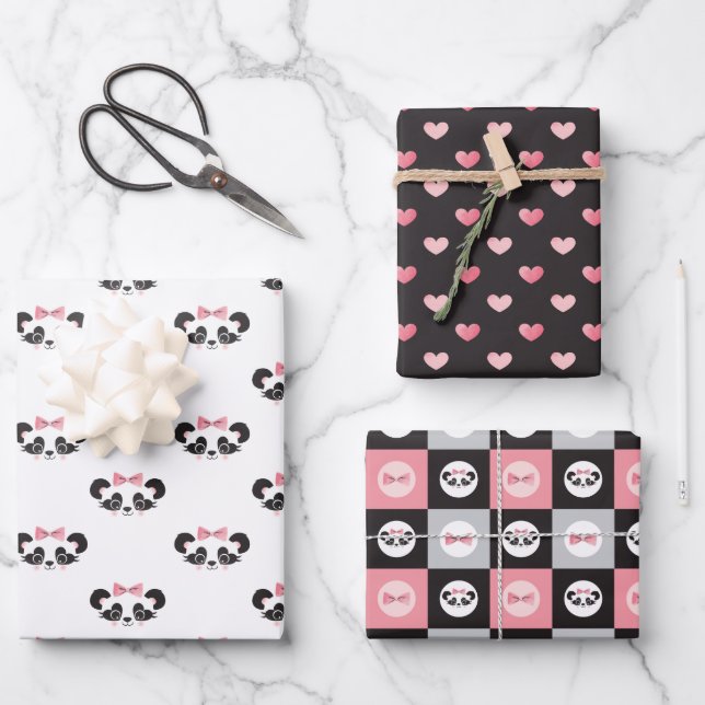 Panda Bear Pink Gift Wrapping Paper Sheets (Front)