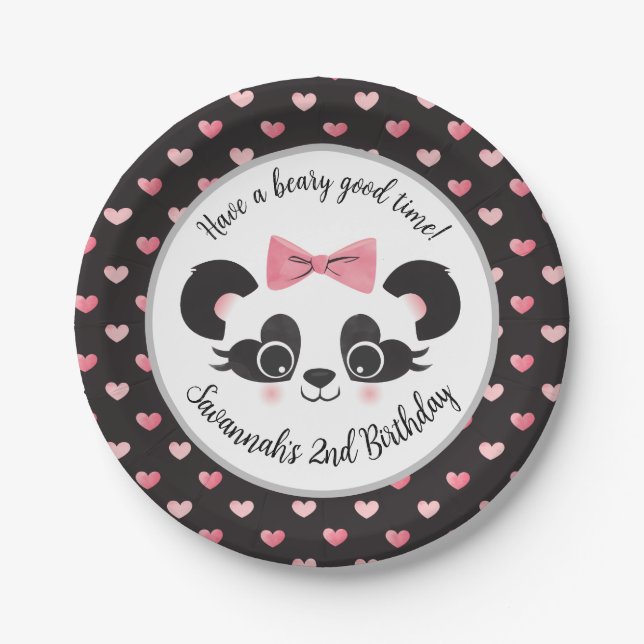 Panda Bear Pink Girls Birthday Party Round Paper Plates (Front)