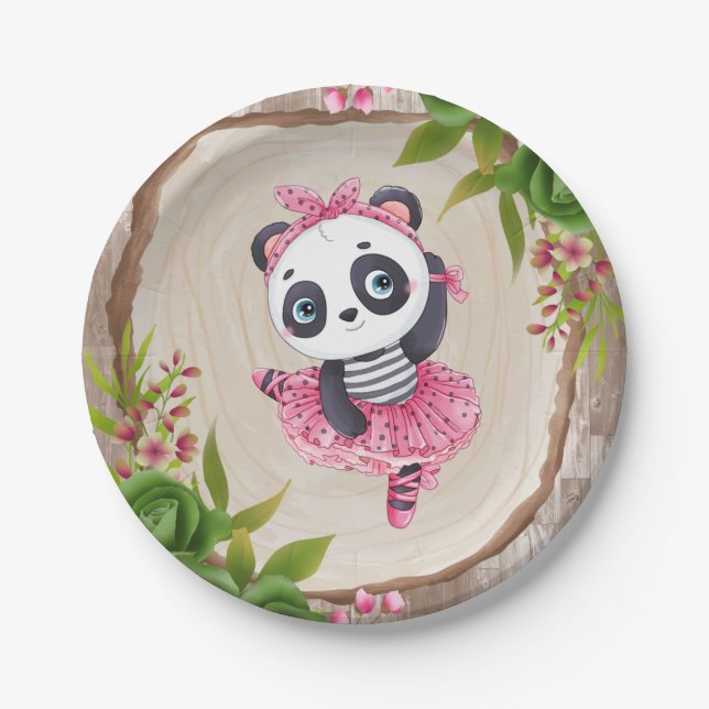 Panda Bear Pink Tutu Girl Baby Shower Paper Plates (Front)