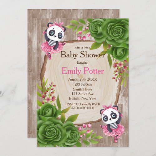 Panda Bear Pink Tutu Wood Baby Shower Invitations