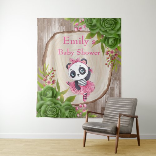 Panda Bear Pink Tutu Wood Girl Baby Shower  Tapestry