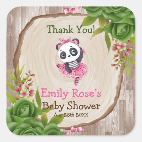 Panda Bear Pink Tutu Wood Green Roses  Square Sticker
