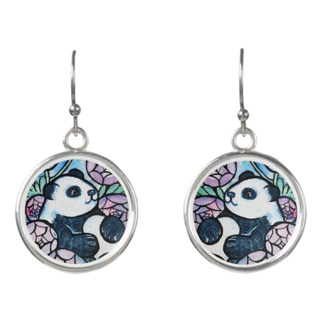 Panda Bear Purple Flowers Nature Lovers            Earrings (Front)