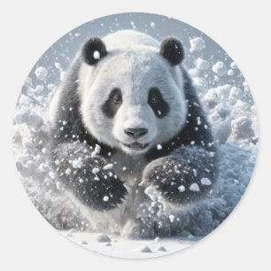 Panda Bear Running In Snow Classic Round Sticker