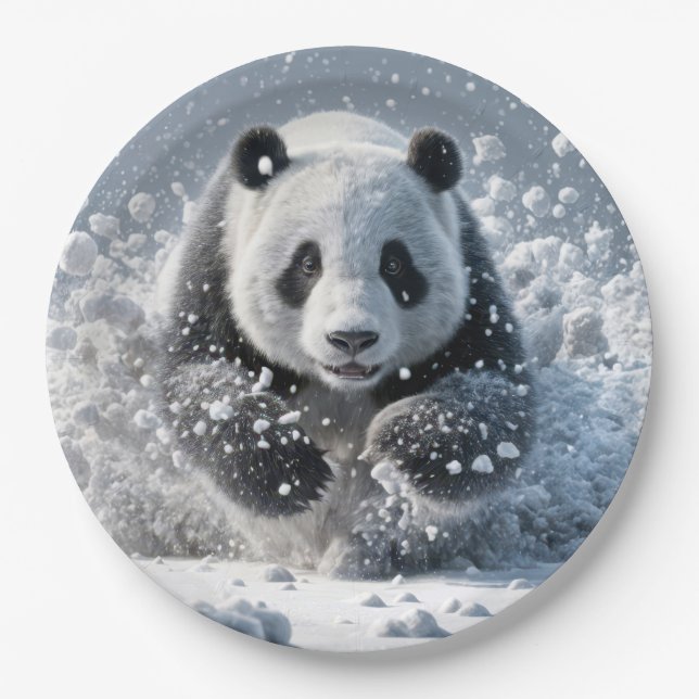 Panda Bear Running In Snow Paper Plates (Front)