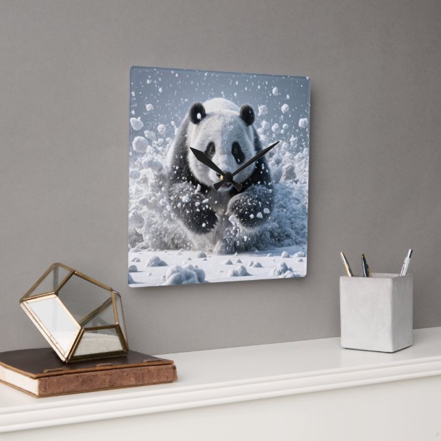 Panda Bear Running In Snow Square Wall Clock (Office)
