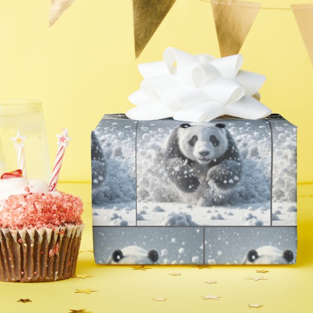 Panda Bear Running In Snow Wrapping Paper (Birthday Party)