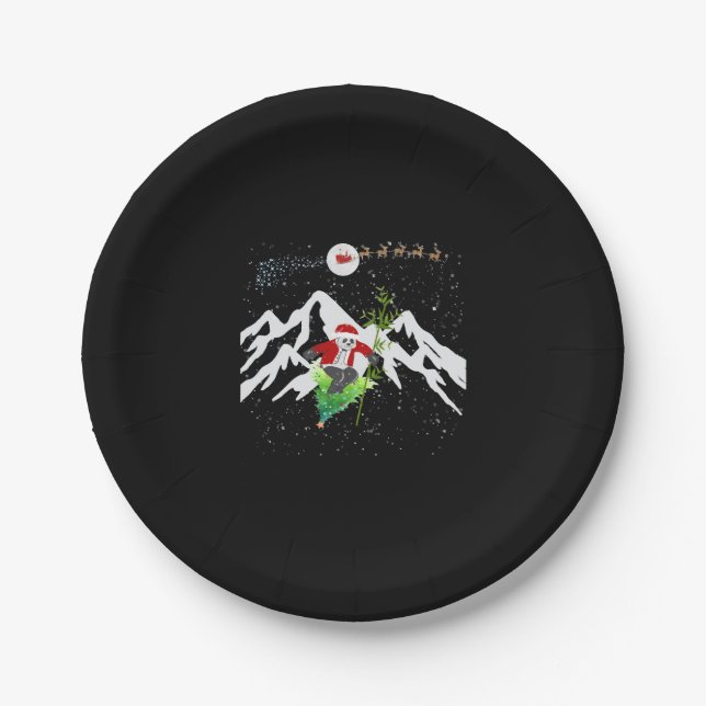 Panda Bear Skiing Christmas Tree Santa Reindeer Paper Plates (Front)