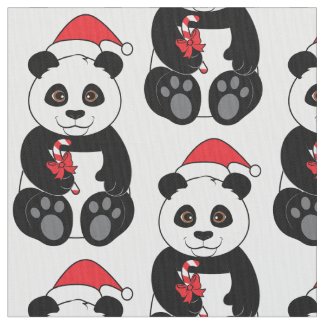 Panda Bear Snacking on Bamboo at Christmas Fabric