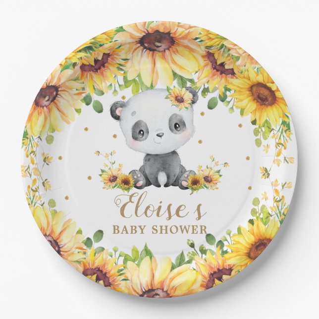 Panda Bear Sunflowers Baby Shower Birthday Party Paper Plates (Front)