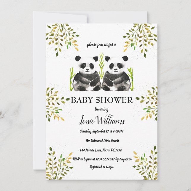 Panda Bear Twins Baby Shower Greenery Nature Invitation (Front)